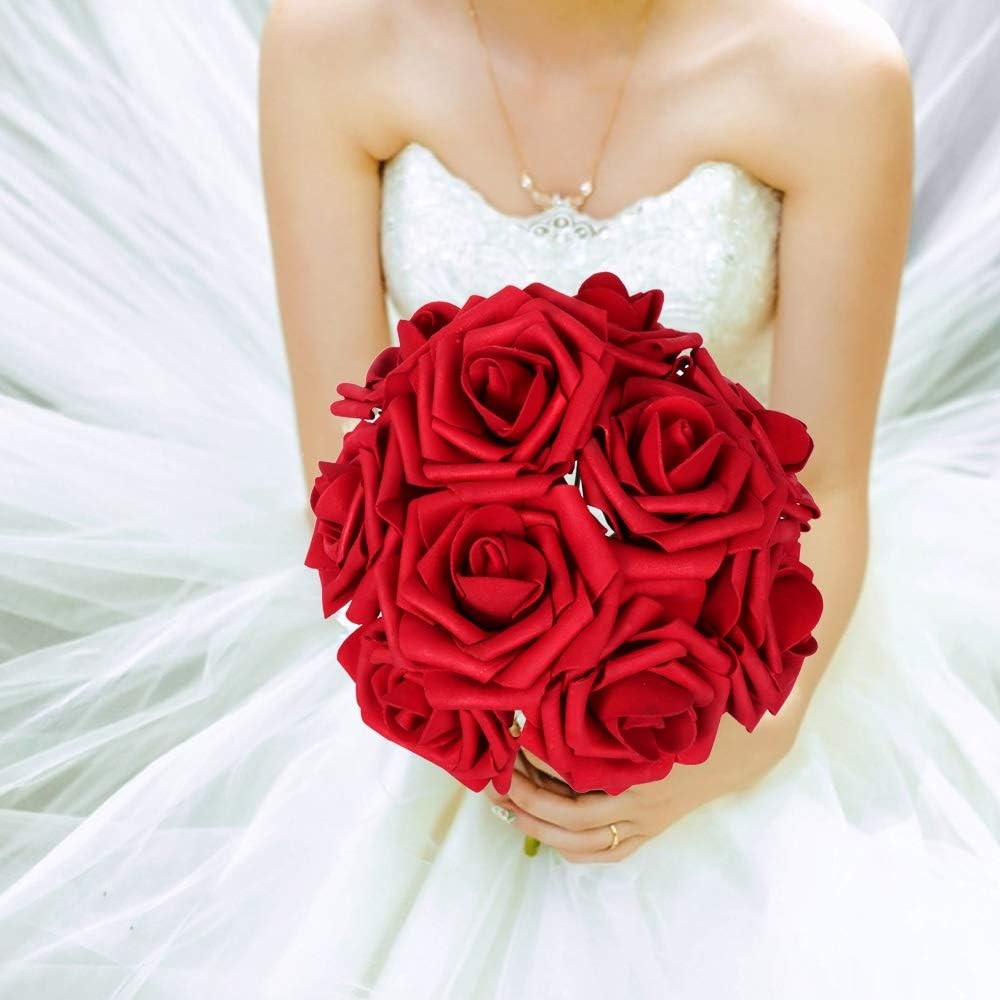 AmyHomie Artificial Flowers Dark Red Rose 50pcs Real Looking Fake Roses w/Stem f