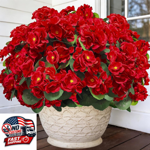 4 Bundles Artificial Red Geranium Flowers UV Resistant Faux Outdoor Garden Decor