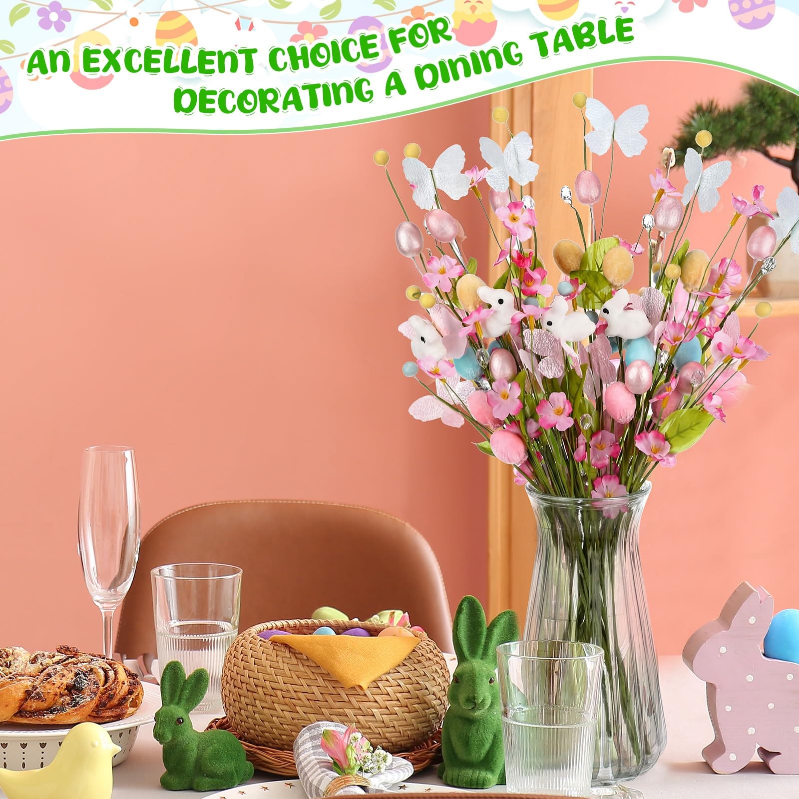 12 Pcs Artificial Easter Bunny Picks Stems Spring Floral Tree Branches with E…