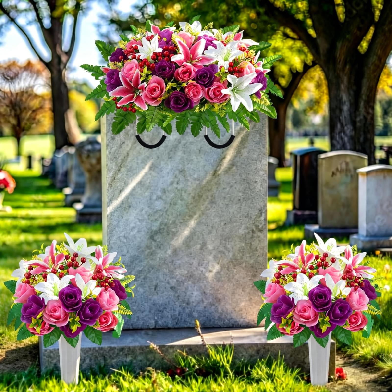 Cemetery Flowers for Grave Headstone Flower Saddle with Silk Rose Lily Artifi…