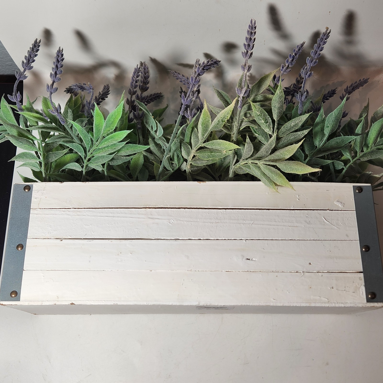 Faux Lavender Arrangment White Rustic Wood Metal Planter Table Shelf Decor 15″