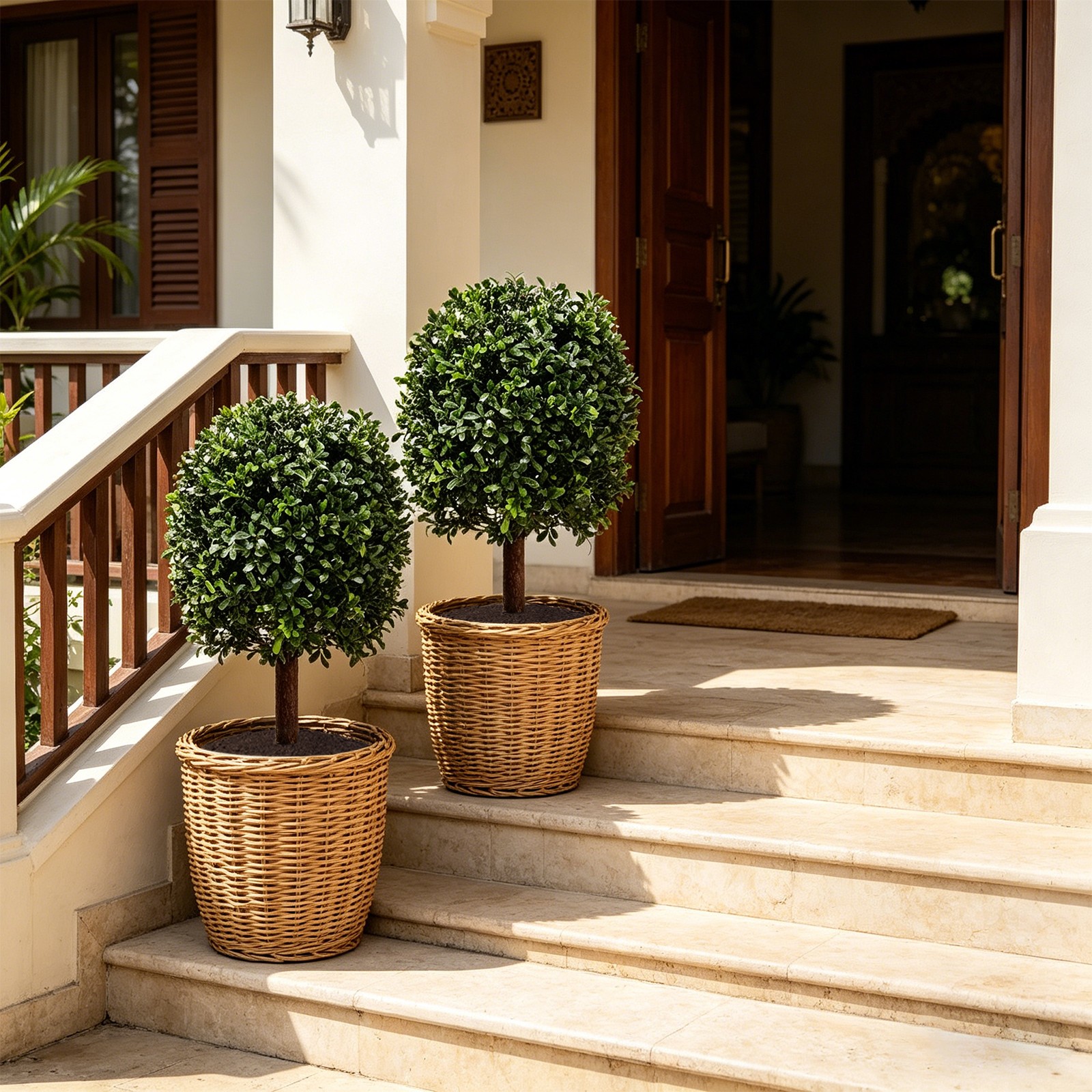 2 Pcs Artificial Boxwood Topiary Ball Trees Faux Boxwood Bush Plants For Outdoor