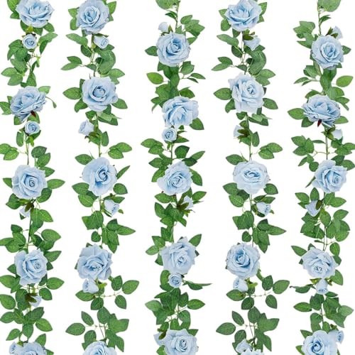 ZIFTY 5Pcs 32.5FT Blue Rose Garland Fake Flower Vines Faux Artificial Floral