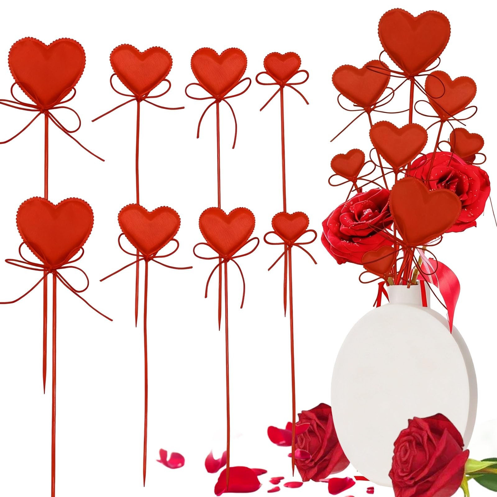 Valentine’s Day Red Heart Picks Puffy Floral Sticks Heart on Sticks for Weddi…