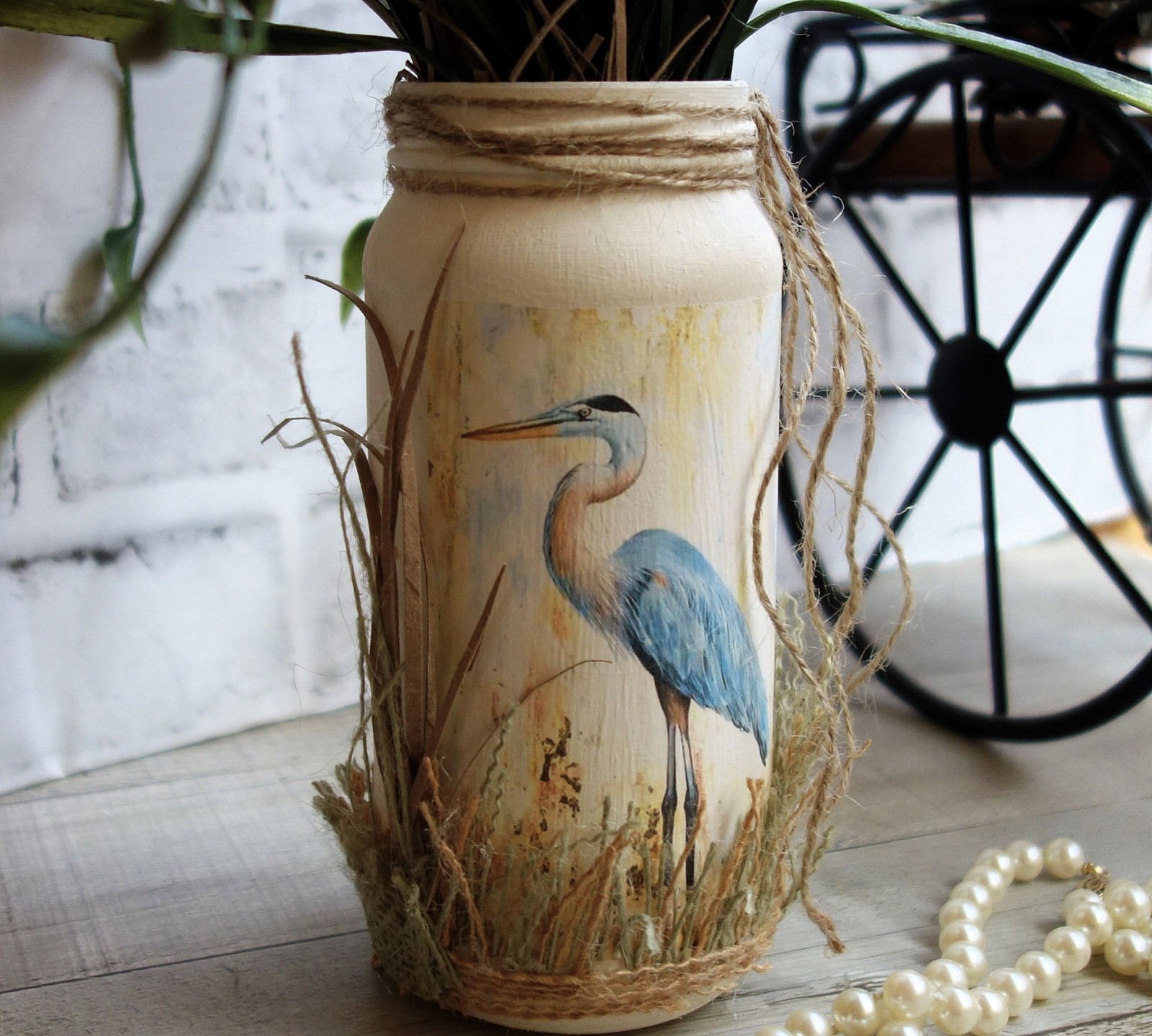 Blue Heron Vase & Floral Arrangement Blue Heron Art Crane Decor Wading Birds