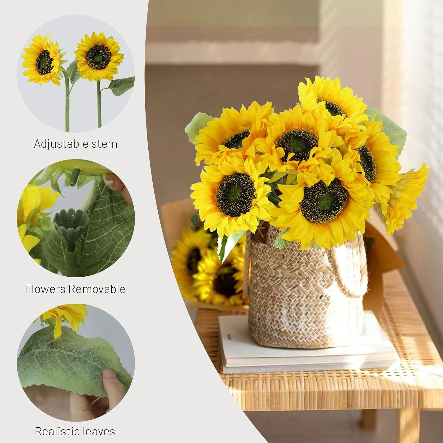 7Pcs Realistic Silk Sunflowers Artificial Flowers,12.6”Fake Sunflowers with