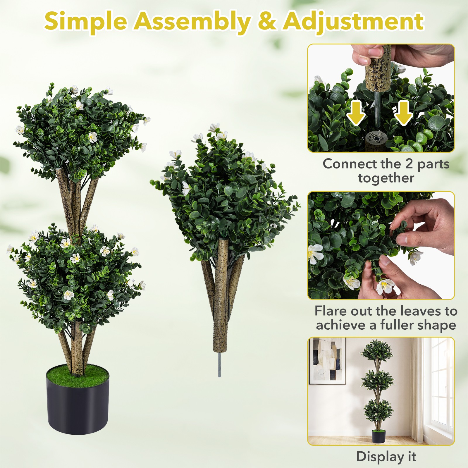 51” Artificial Triple Ball Boxwood Topiary Tree with 59 Blossoms for Porch Home