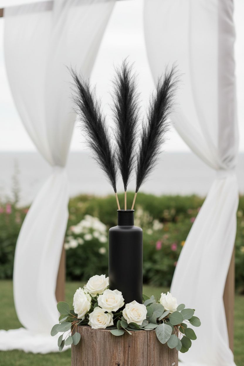 Midnight Black Faux Pampas Grass Bundle | 3 Artificial Pampas Stems | Black Home