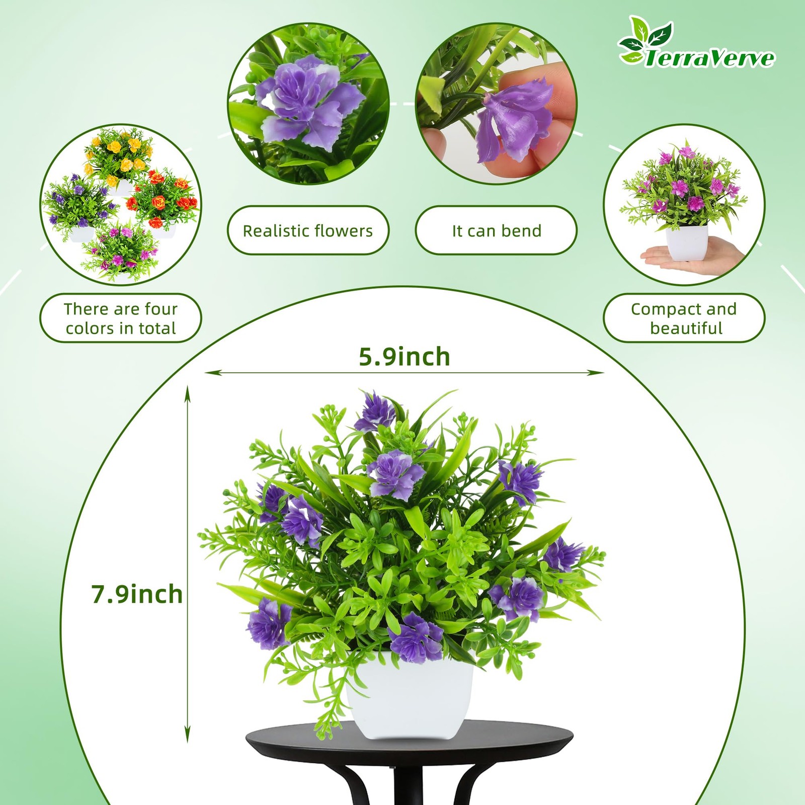 TerraVervre Fake Plants 4 Packs,Small Artificial Plants with Flowers, for Bat…