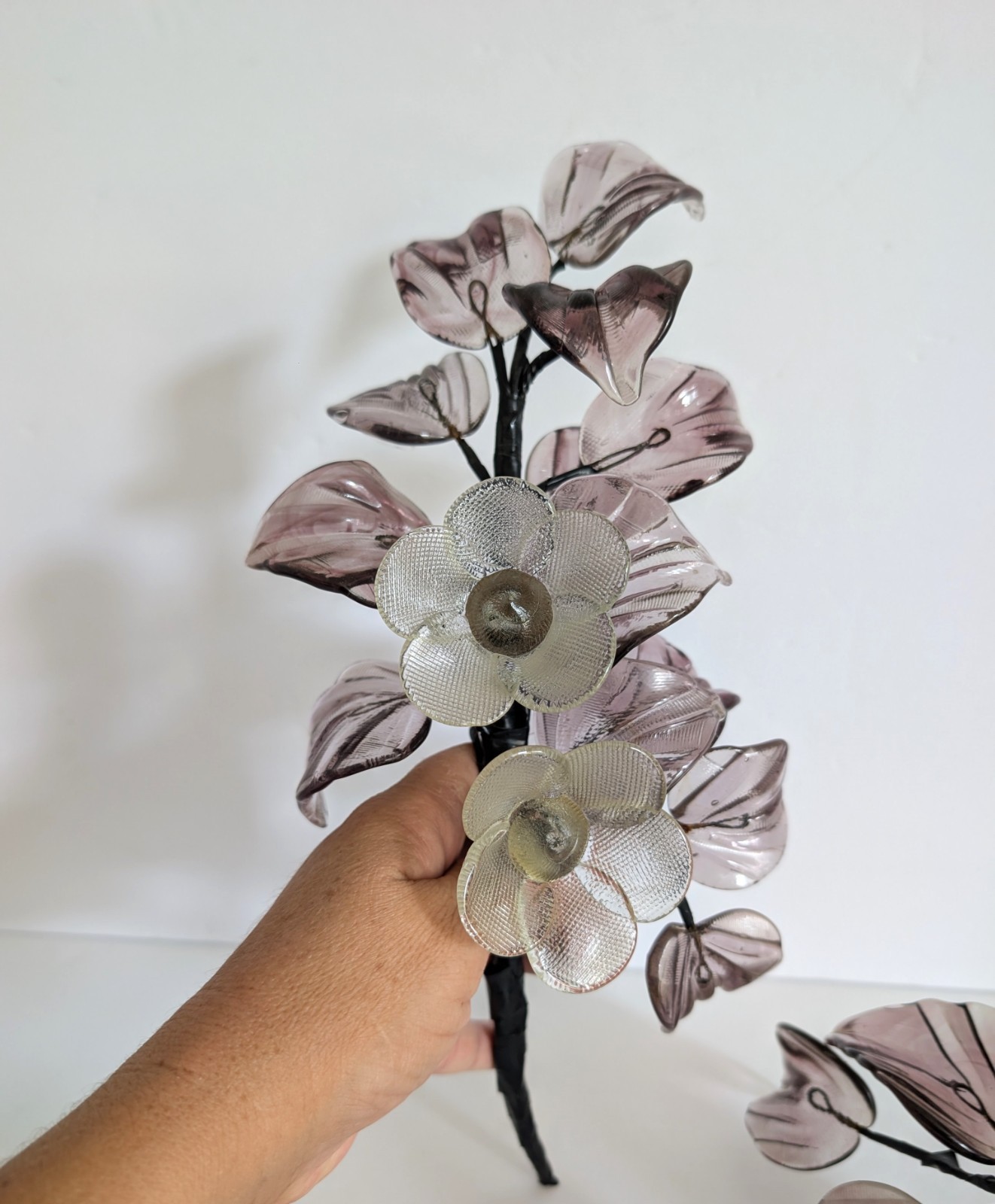 Vintage Hand Blown Glass Smoky Amethyst Flower Branches Set Of 3 Stalks MCM 15″