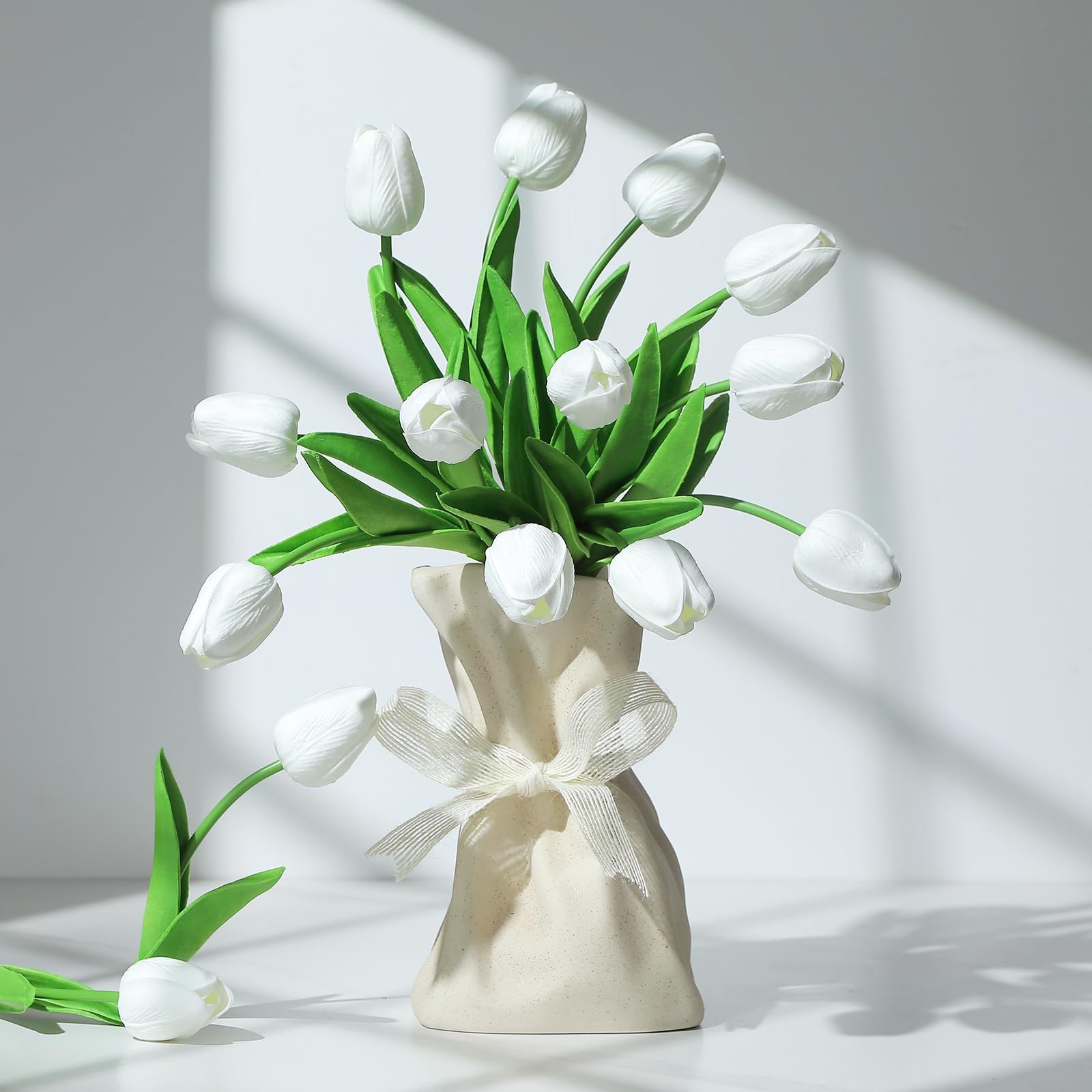 30 PCS White Artificial Tulips PU Faux Flowers Real Touch For Valentines Day