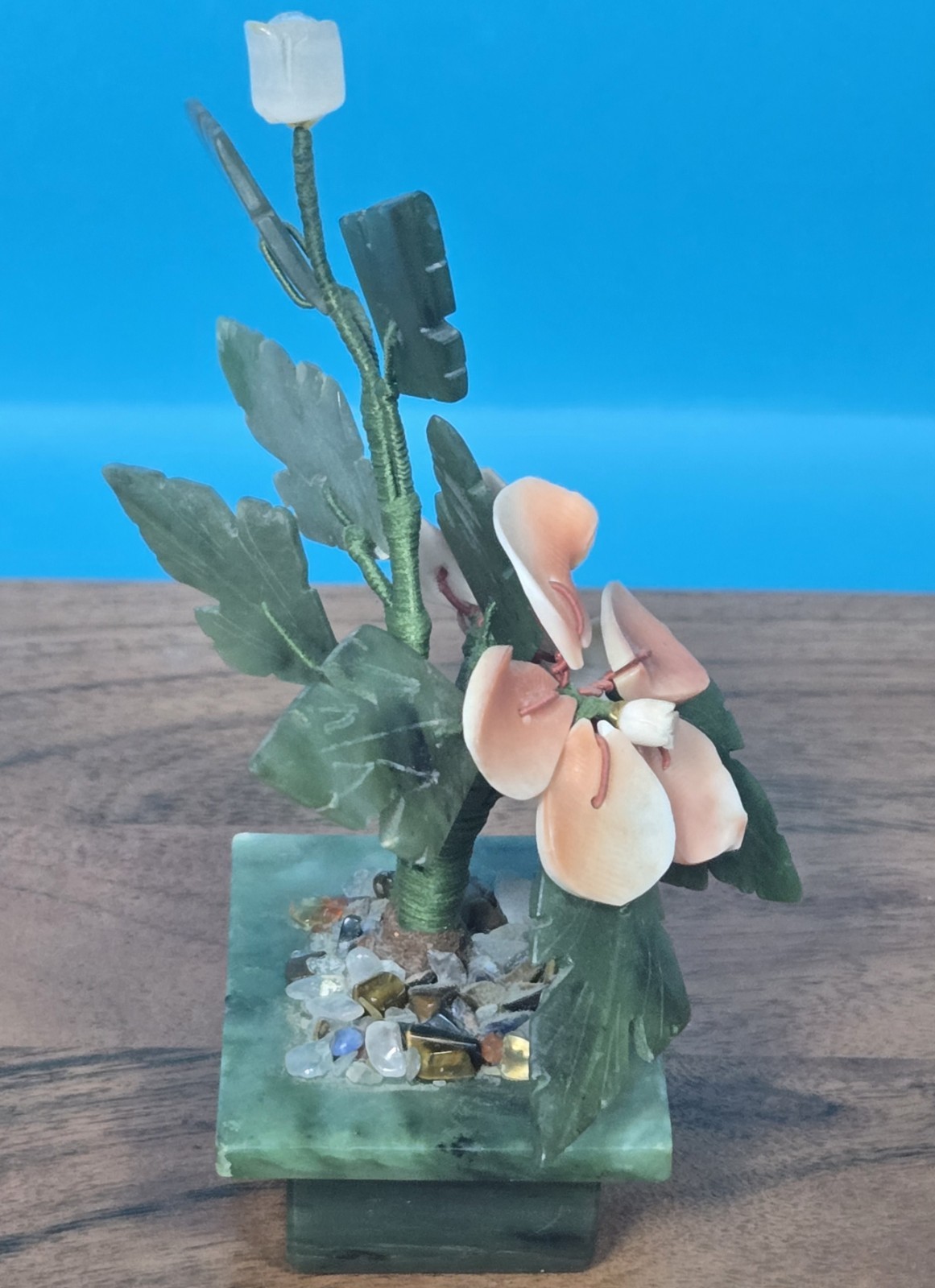 Vintage Jade & Shell Flower Arrangement – Handcrafted Bonsai-Style Floral Sculpt