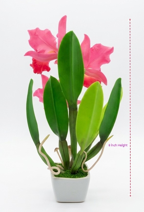 8″H L-Sized Handcrafted Clay Cattleya Orchid Arranged in a Ceramic Pot US Stock