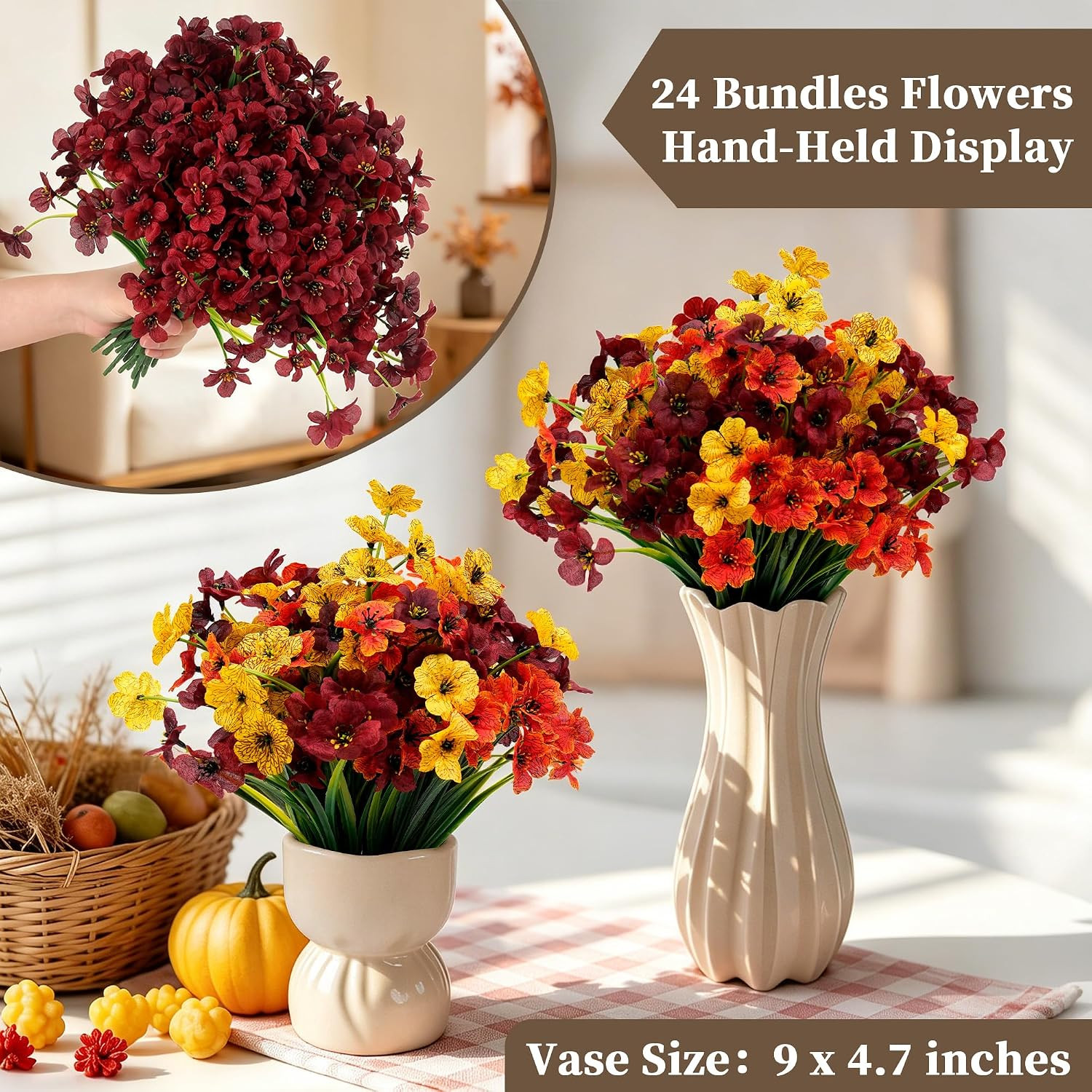24 Bundles Burgundy Artificial Flowers for Outdoors Fake Plant Mum | Artificial
