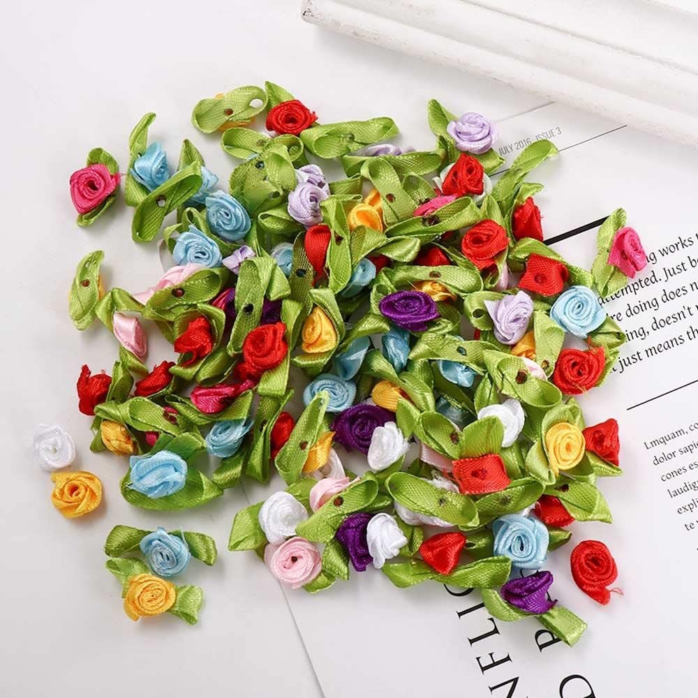 100 PCS Mini Ribbon Roses Artificial Fabric Flowers Green Leaves Sewing Craft