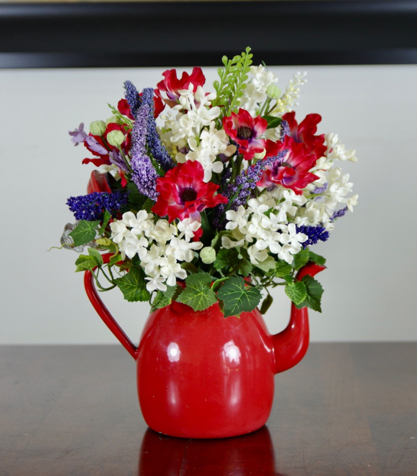 Silk Red, White and Purple Arrangement in Red Enamel Coffee Pot