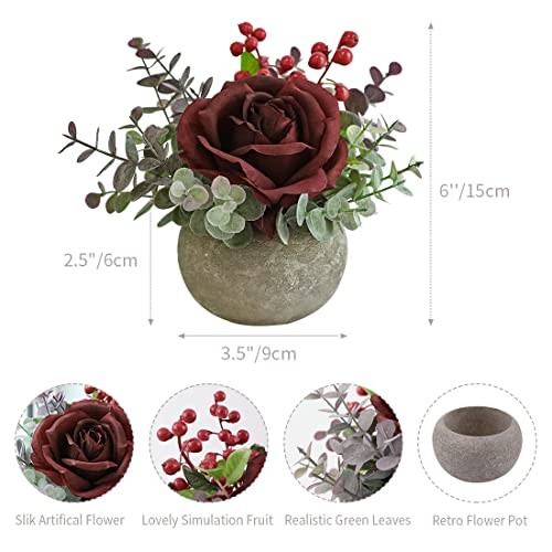 Artificial Flowers Kit with Pot, Combination of Fake Silk Red Roses Burgundy