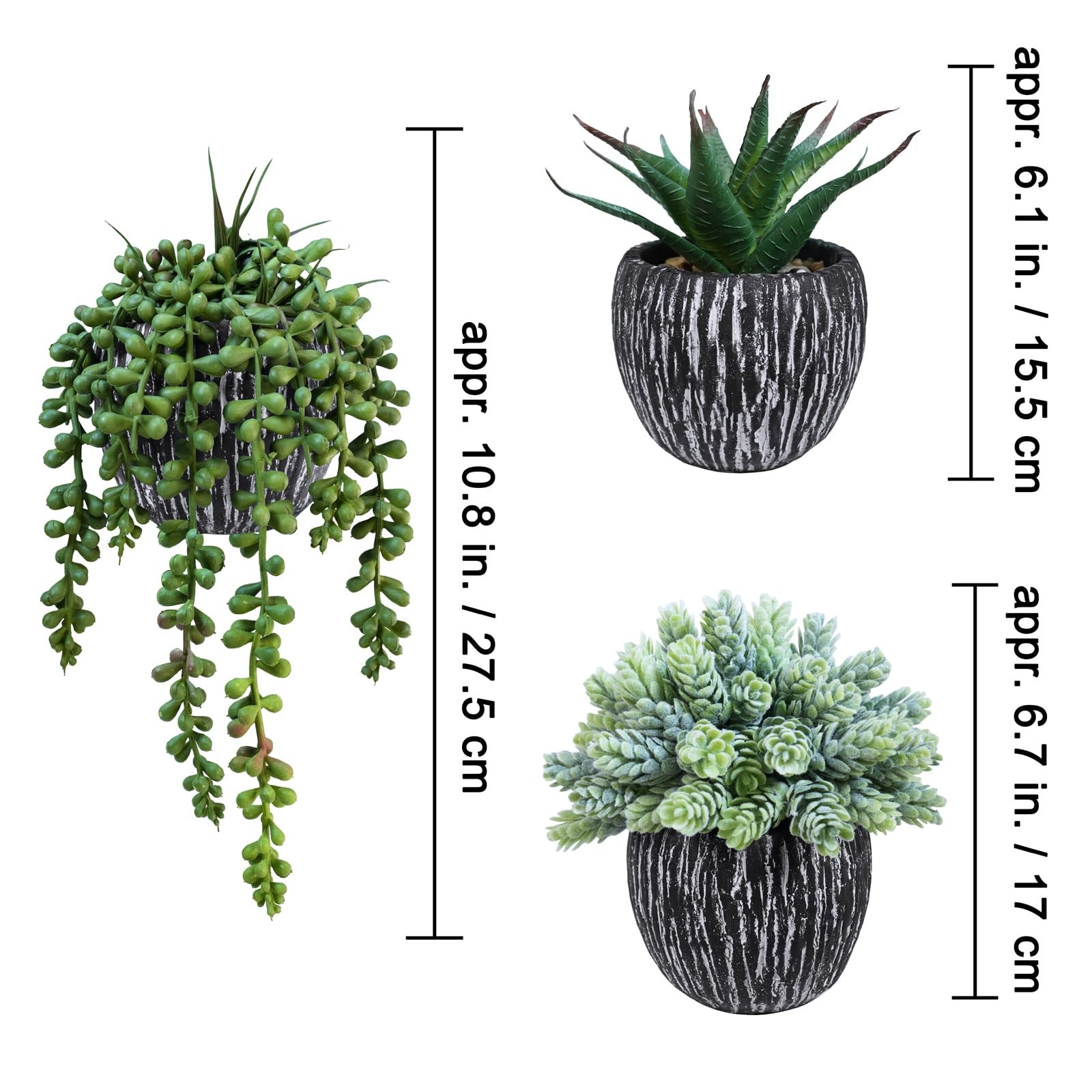 Set of 3 Artificial Succulent Plants in Black Pots Fake Hops Aloe String of P…