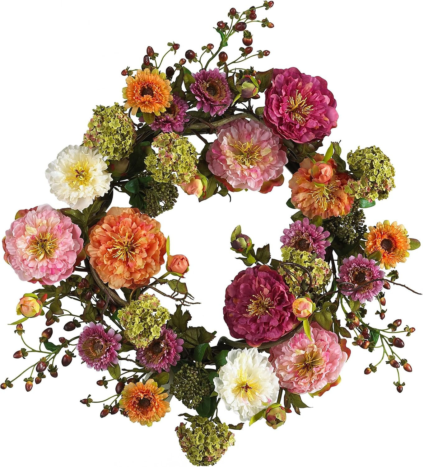 24In Artificial Peony Wreath Multicolor Faux Floral Spring Wreath for Front Door
