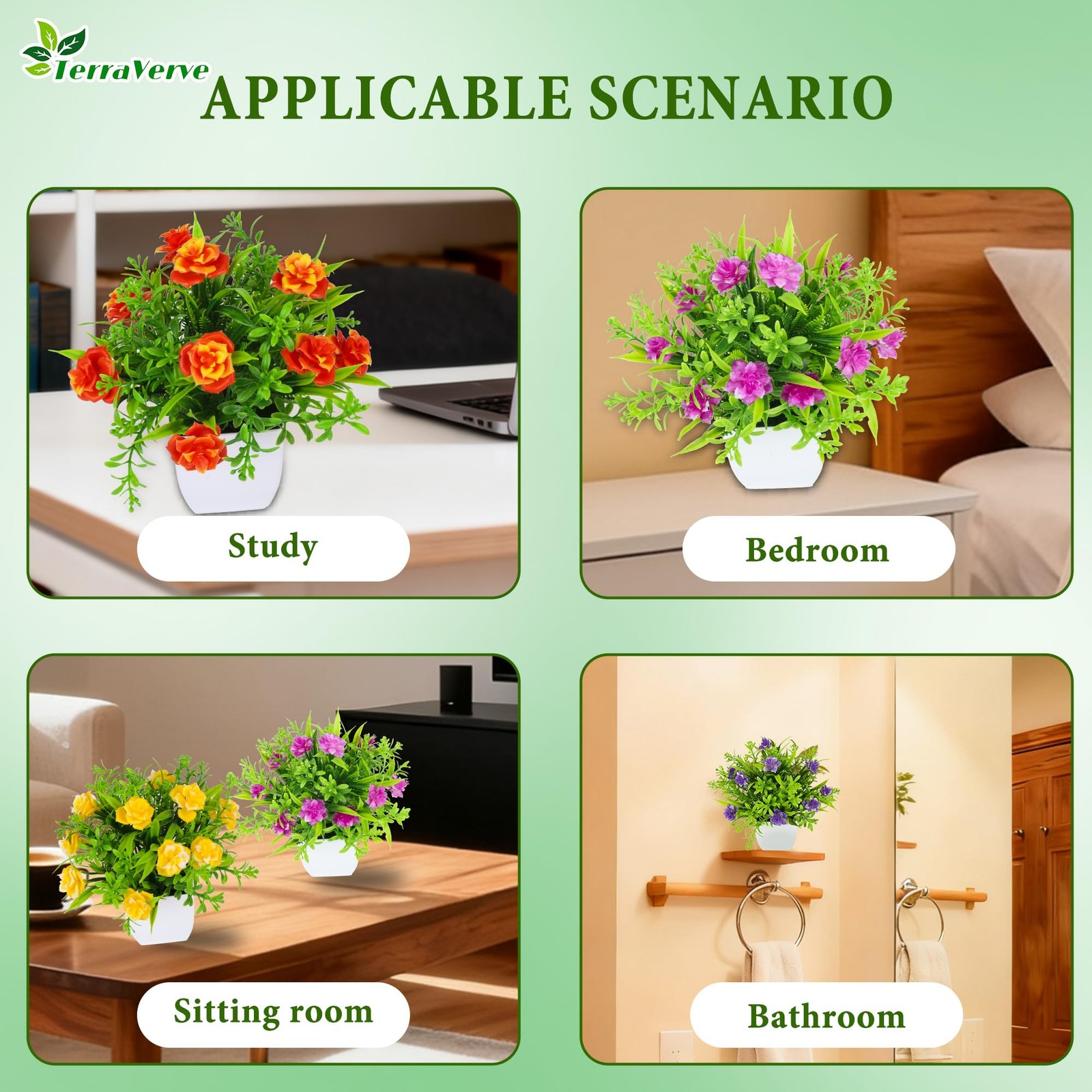 TerraVervre Fake Plants 4 Packs,Small Artificial Plants with Flowers, for Bat…