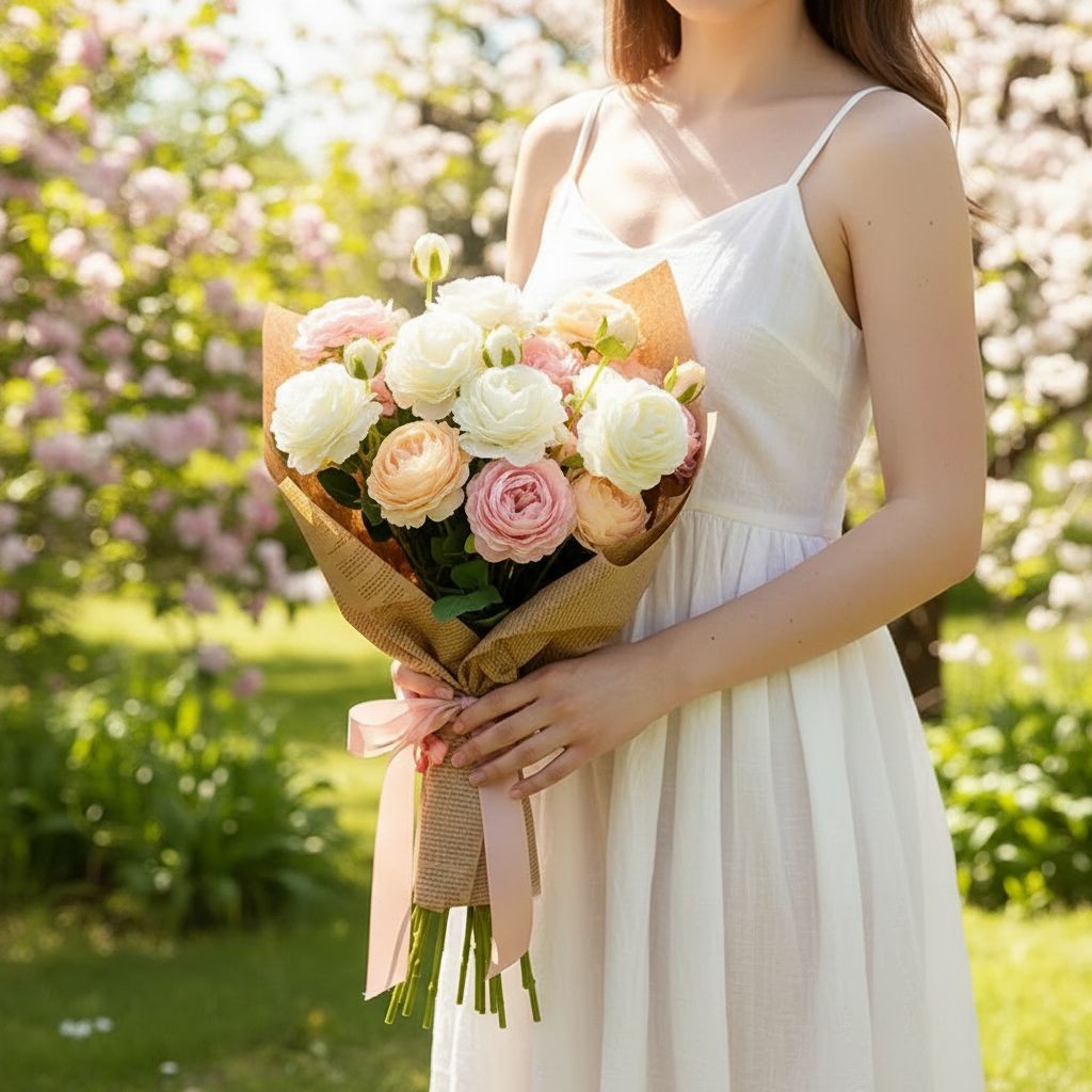 White Pink Peach Artificial Roses Gift Bouquet Wrapped Real Touch Rose Stems 26