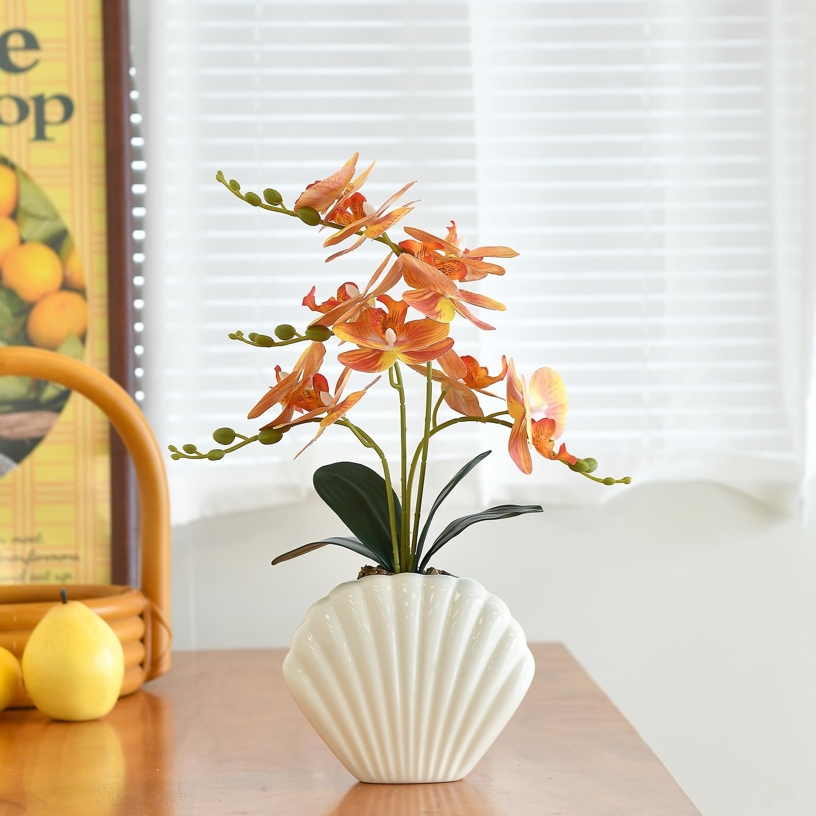 16 Inch Orange Artificial Phalaenopsis Silk Faux Orchid Flower Seashell Pot