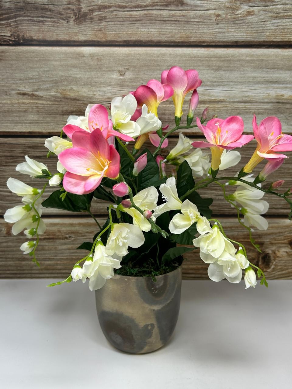 15″ Silk White & Pink FREESIA flowers in 5″ rustic Silver Metal Pot, handmade or