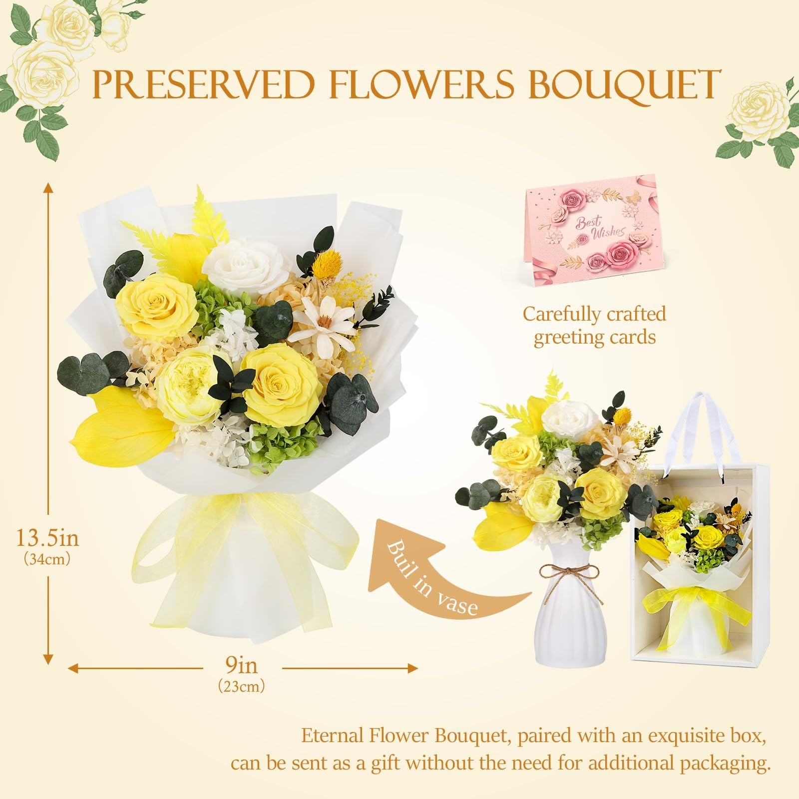 TYL&TYS Preserved Flowers Bouquet Yellow Forever Roses 3-5 Years
