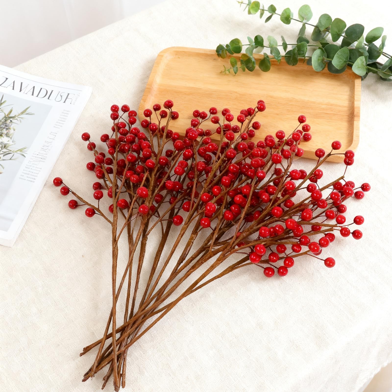 12pcs13.5″ Red Holly Berry Stems for Christmas Tree, Faux Greenery Picks and …