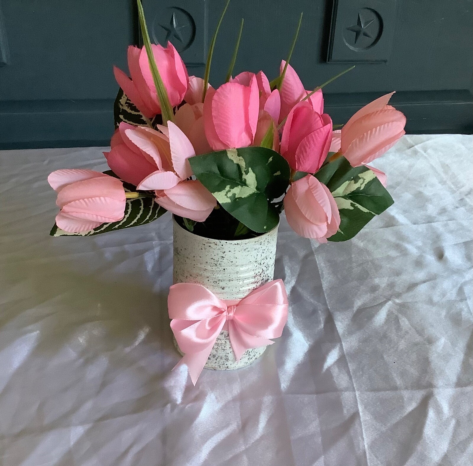 Spring/easter pink tulip centerpiece with glitter and painted upcycled tin can