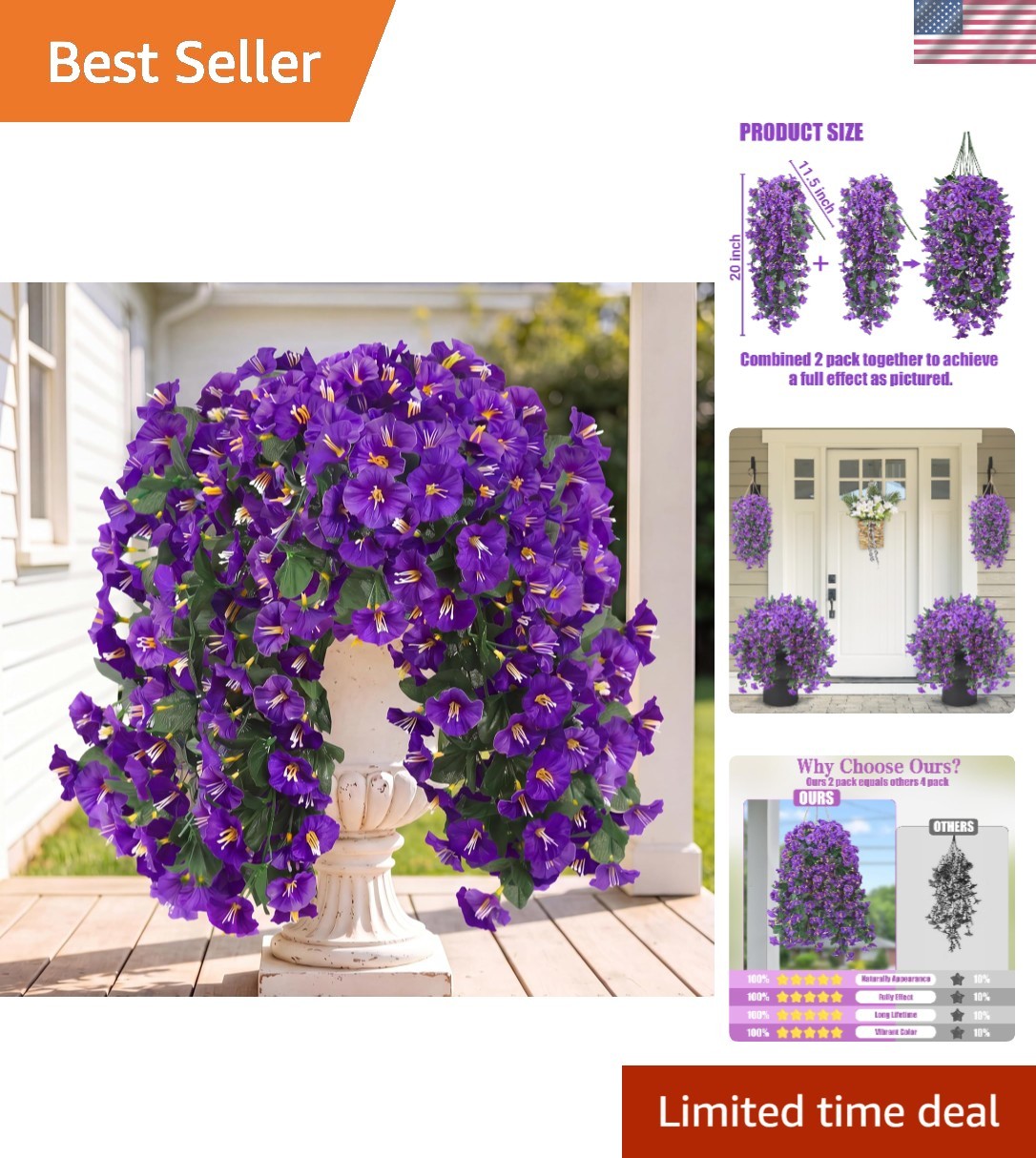 Charming Faux Silk Hanging Flowers – Durable 2PCS for -Round Outdoor Beauty