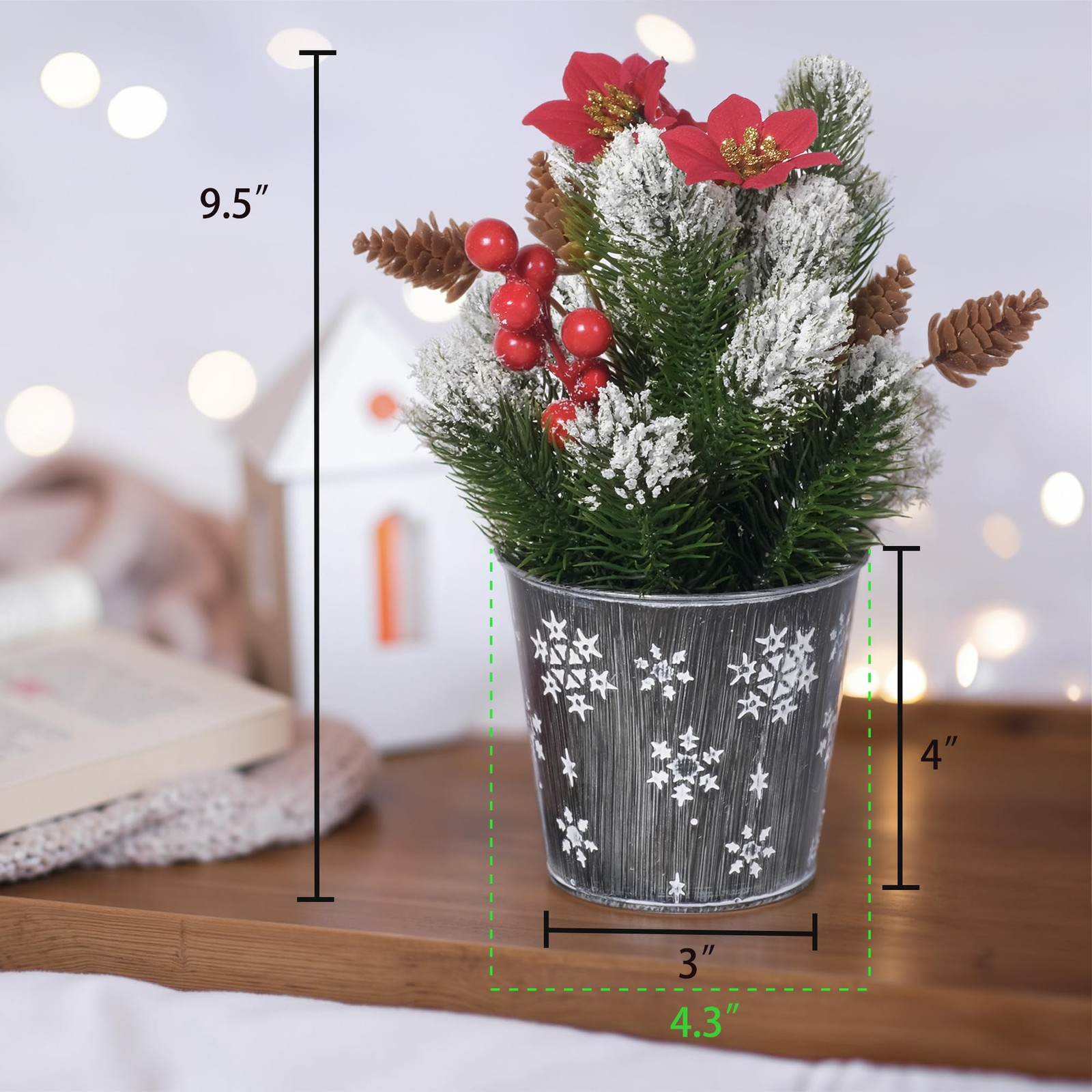 Potted Snowy Norfolk Pine Branches with Poinsettias Barries and Pin Cones