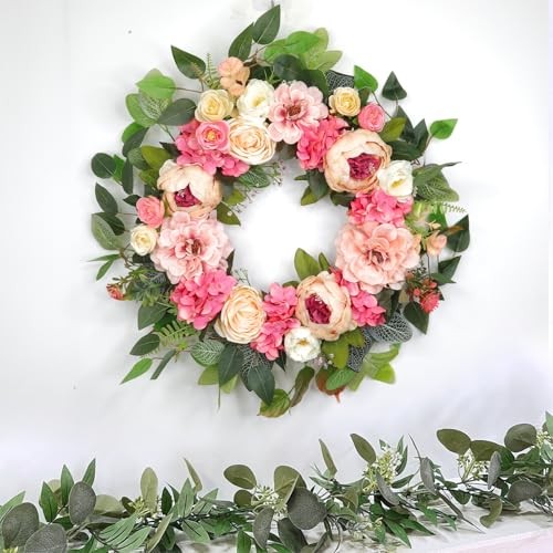 [Lighted & Timer] 22″ Spring Summer Wreaths for Front Door Peony Wreath with
