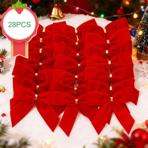 28PCS Velvet Bows for Christmas Tree,Velvet Ribbon Bows Christmas Ornaments Red