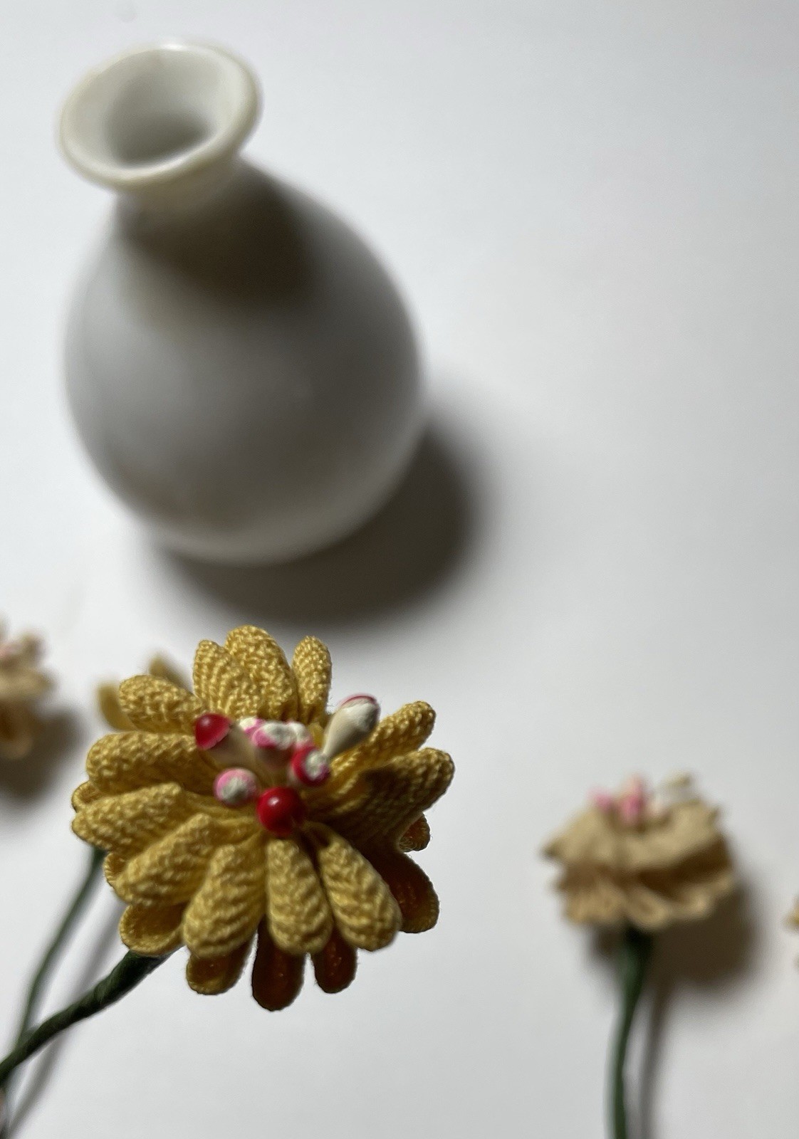 Cloth Flowers and White Ceramic Vase Miniature Decor Made in Japan 4”