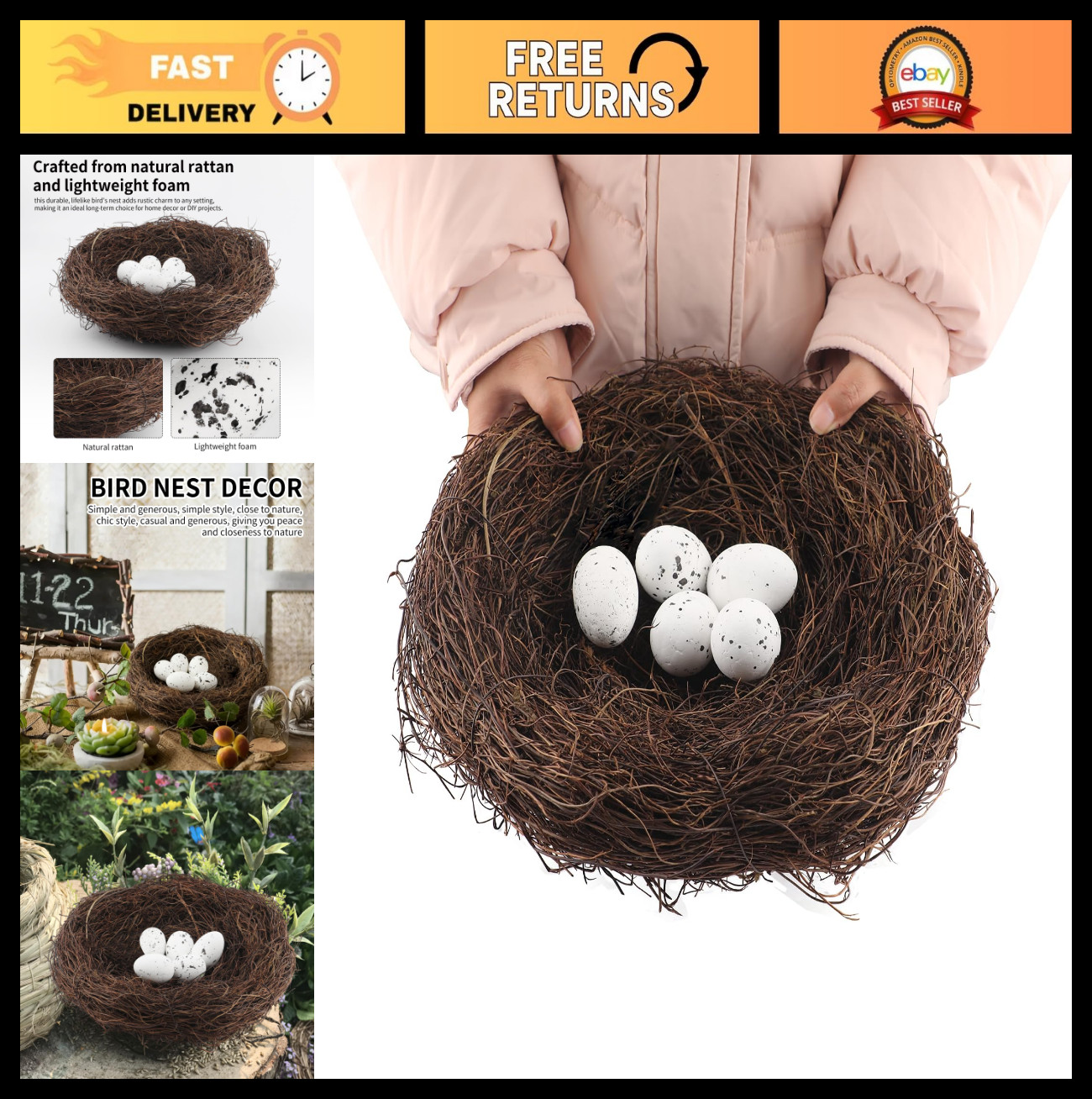 6Pcs 12″ Large Artificial Bird Nests with Eggs for Crafts & Spring Decor
