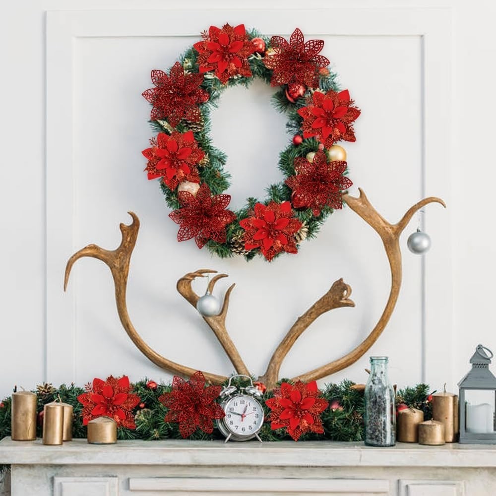24pcs Christmas Glitter Tree Picks, 12pcs Poinsettias Artificial Flowers Red