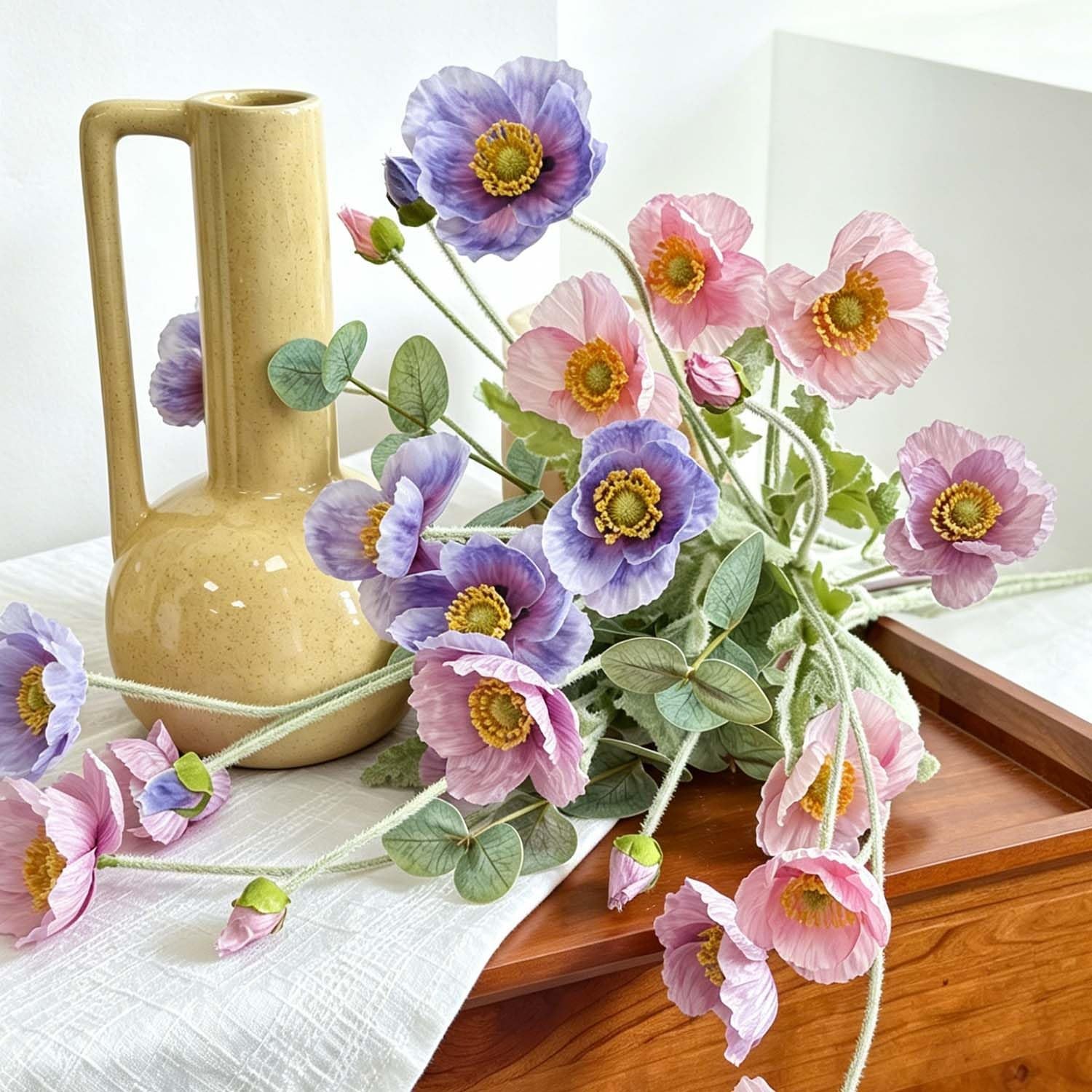 Artificial Poppy Flowers with Eucalyptus Stems, 6pcs Faux Poppy + 2pcs Fake E…