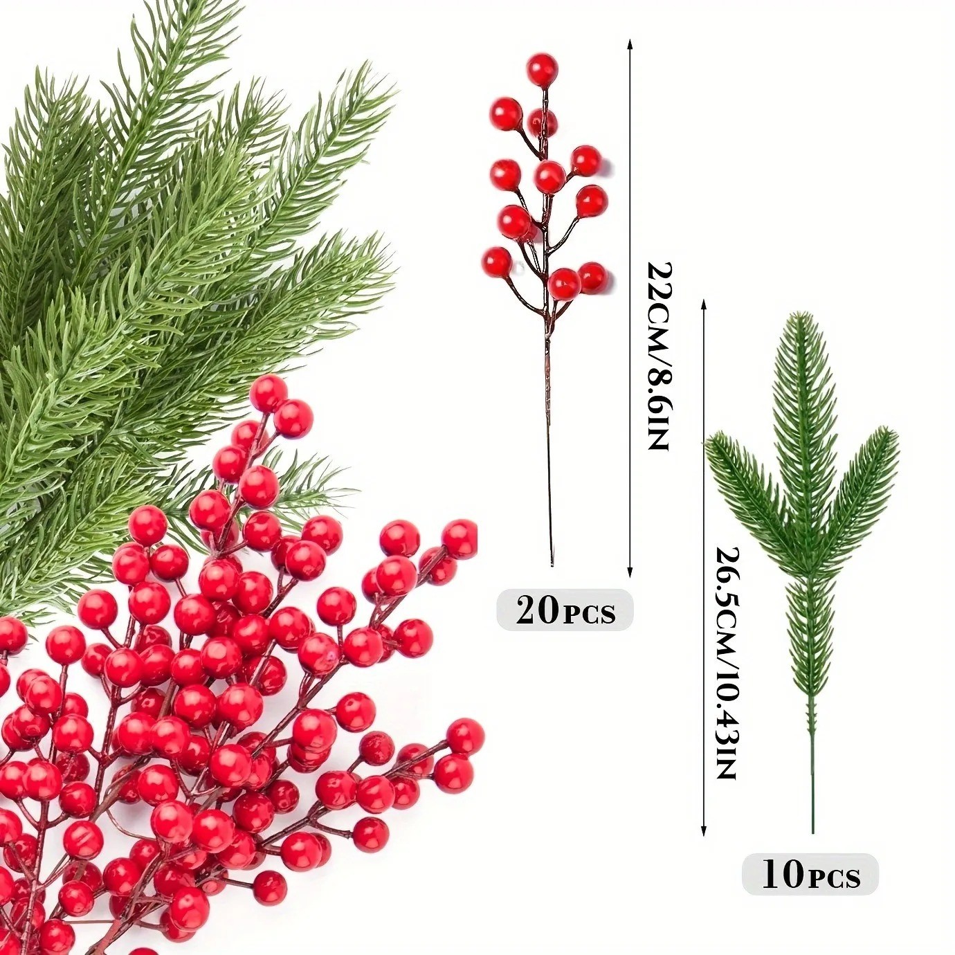 10Pcs Christmas Decoration Artificial Pine Branches Holly Berries Red Berry Bran