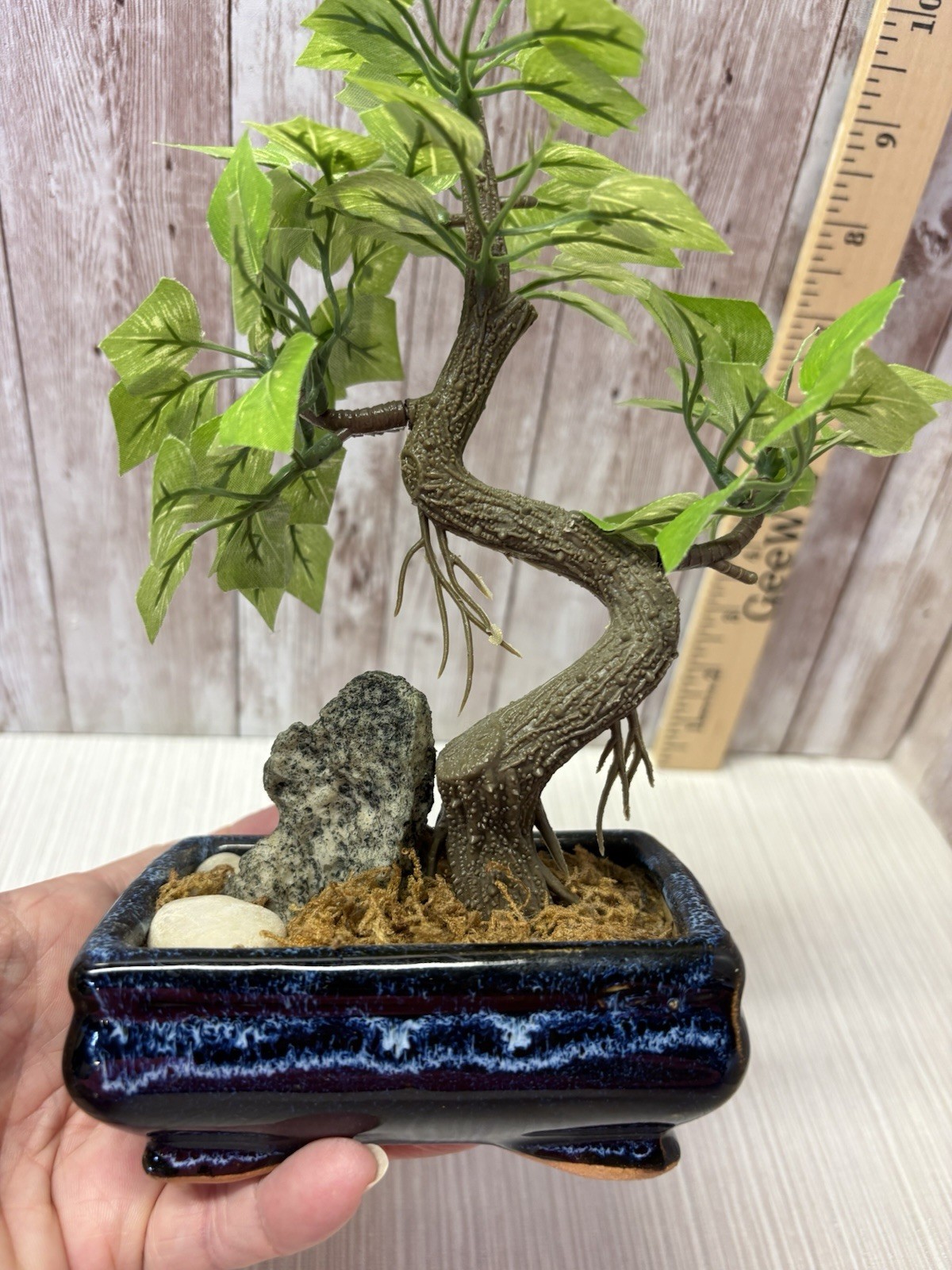 Artificial Bonsai Tree 8” Faux Plant In Vintage Blue 4×3 Pot FREE SHIPPING