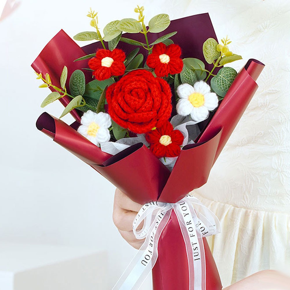 Knitted Flower Crochet Flower Bouquet Finished Hand Woven Preserved Flower AE