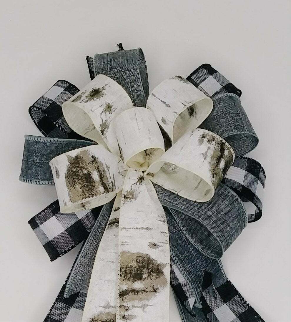 Wreath Bow, White Birch Print, Buffalo Check, Gray Linen