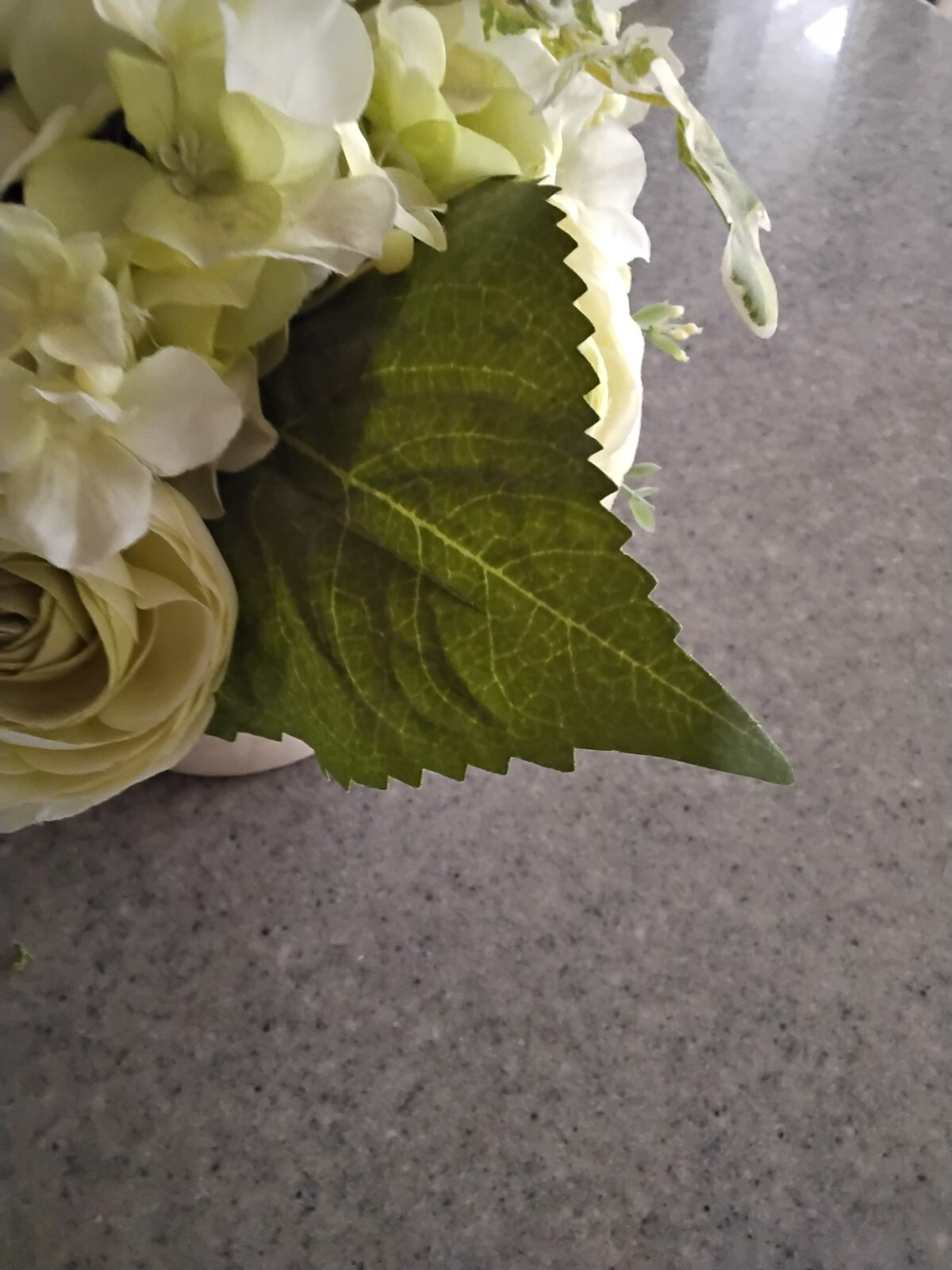 White on White Artificial Roses & Hydrangeas with Greens in Ceramic Cream Pot