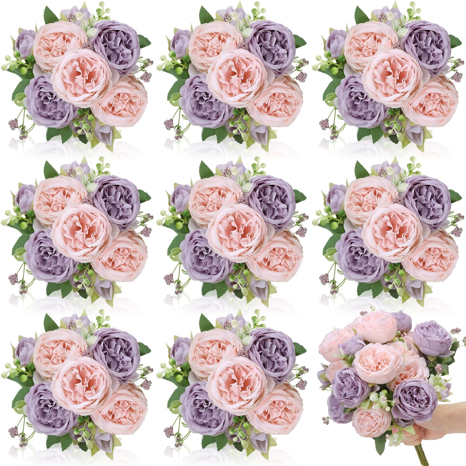 8 Pack Pink, Purple Peonies Artificial Flowers, Fake Silk Hydrangea Bouquet f…