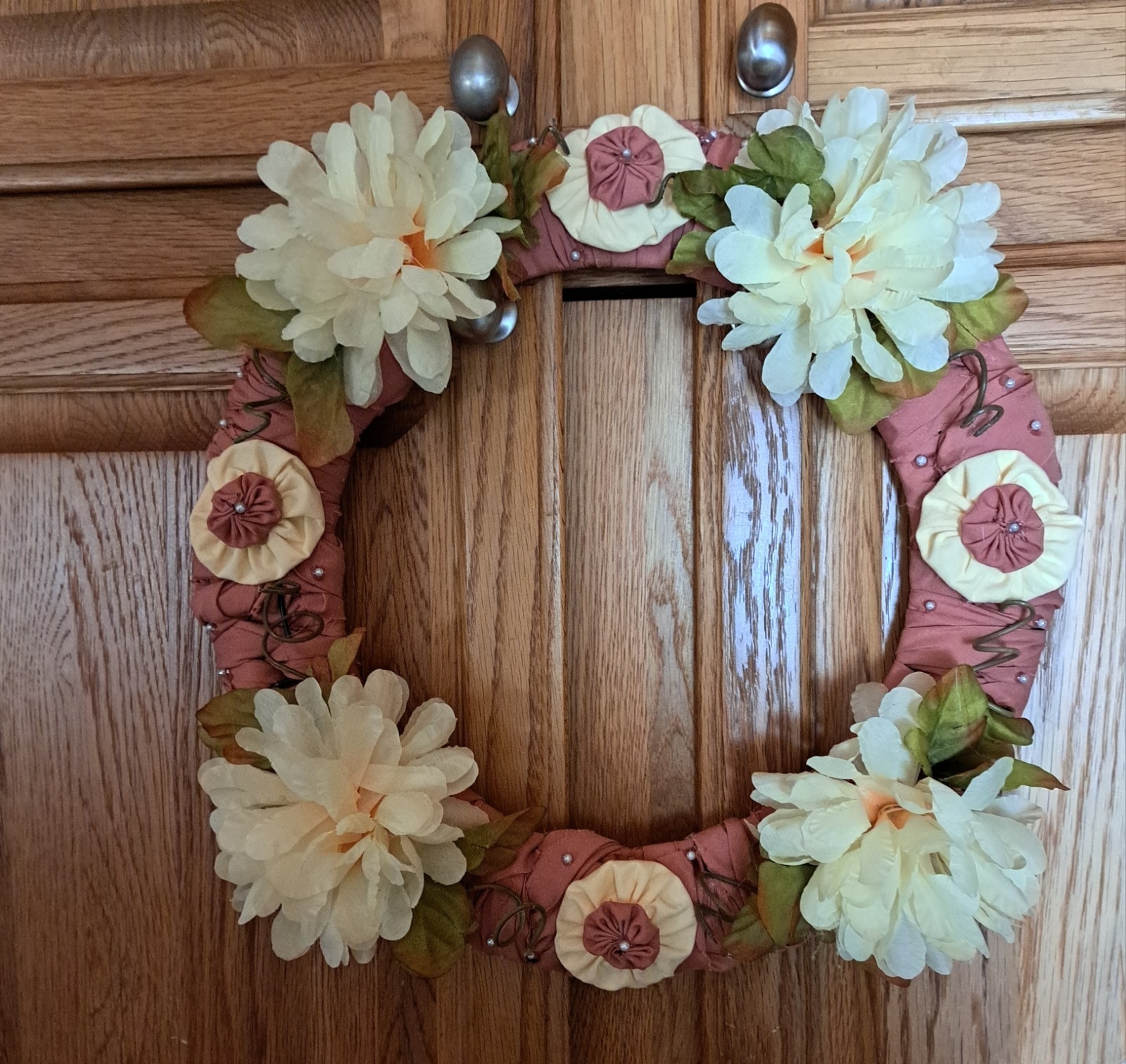 Pretty Homemade Floral Wreath with Cream Flowers 15″ Wide