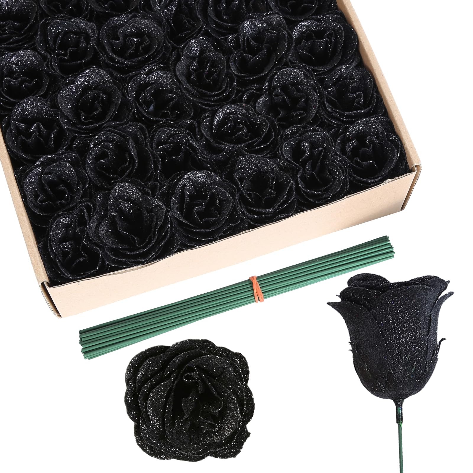 30 PCS Black Glitter Roses Artificial Flowers Silk Wedding Bouquet Party