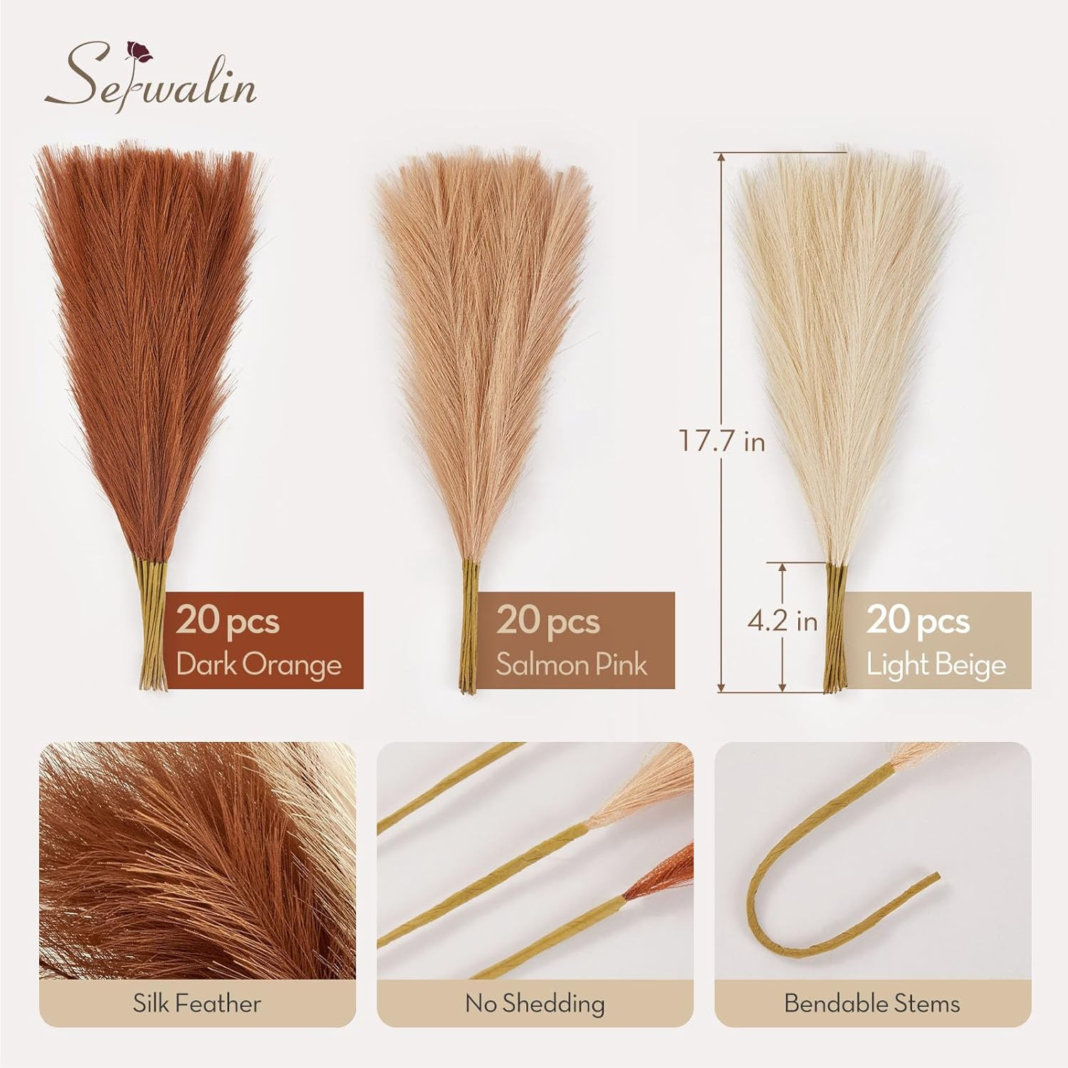 Serwalin 60pcs Orange Pampas Grass Decor, 17.7Inch Fall 17 Inch, Sunset