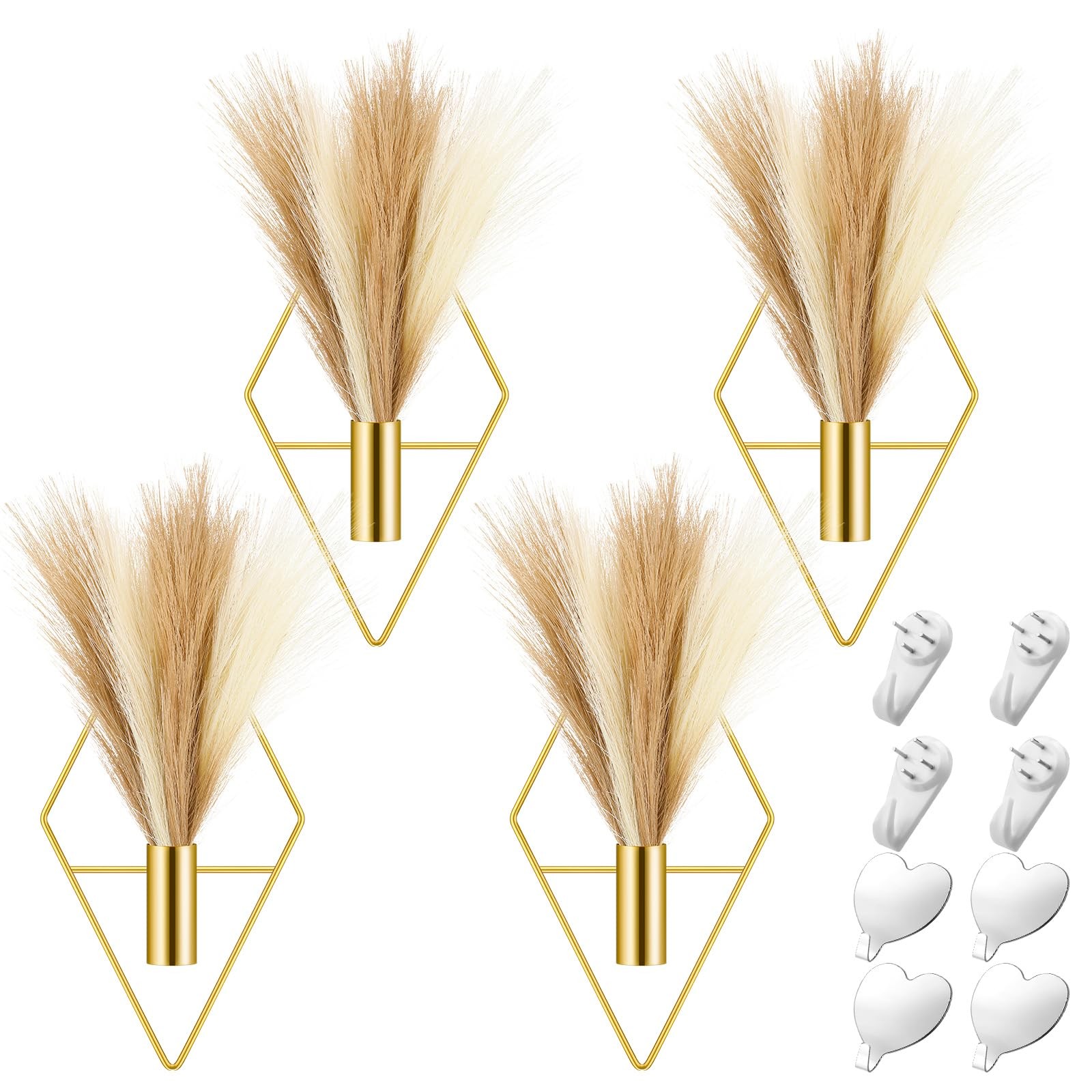 4 Sets Boho Gold Wall Decor Metal Wall Art Hanging Planters with Artificial P…