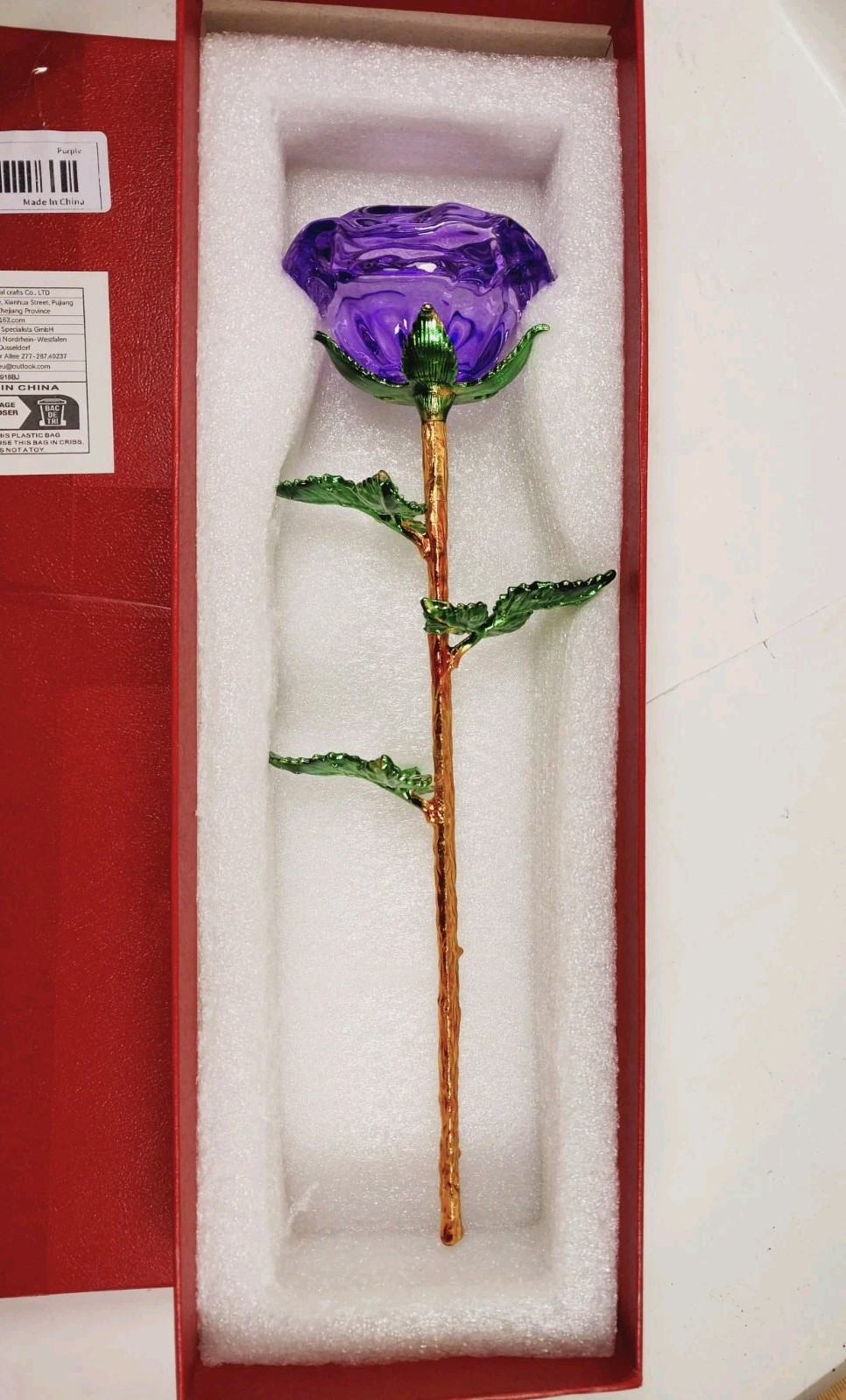 Long Stemmed Purple Rose Figurine Glass Crystal Mothers Easter Event Bling 9.5″