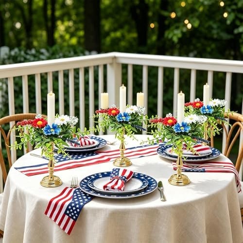 6 PCS Patriotic American Taper Candle Rings Wreaths 1.38″ Mini 4th of July Flora